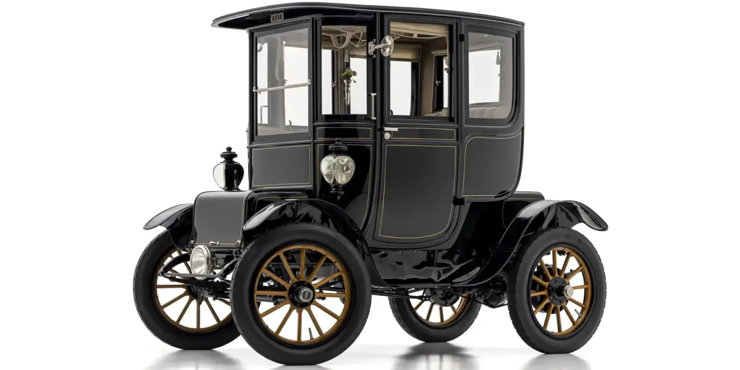 Seitenansicht eines restaurierten 1912 Baker Electric Model V Special Extension Coupe mit schwarz-goldenen Rädern und klassischer Aluminiumkarosserie.