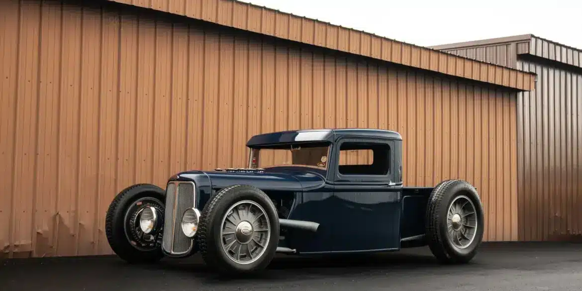 1934 Ford Model A Hot Rod Pickup, modernisiert, vor brauner Blechwand geparkt