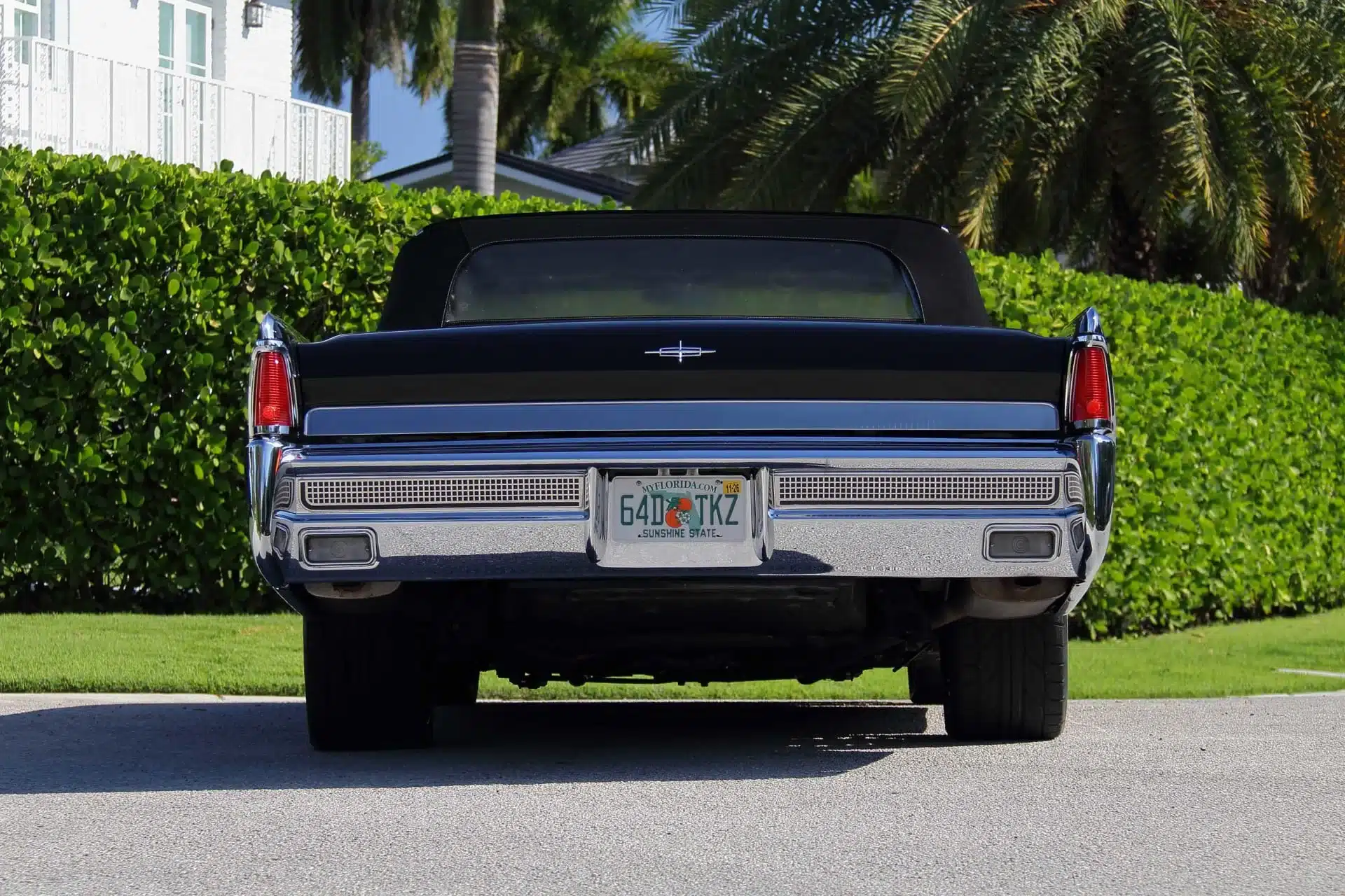 Rückansicht eines schwarzen 1964 Lincoln Continental Cabriolets mit offenem Verdeck und Floridakenzeichen, geparkt vor Palmen.