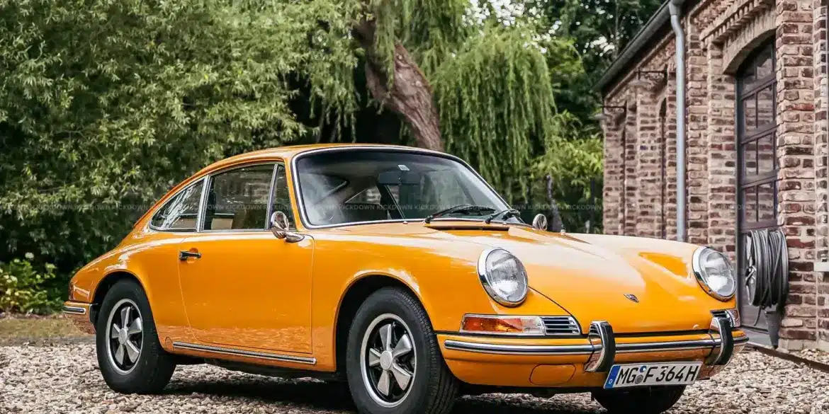 Gelber Porsche 911 T Sportomatic Baujahr 1969, Frontansicht, geparkt vor einem Backsteingebäude.