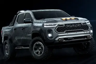 Vorderansicht des 2026 Ram Dakota Nightfall Concept Pick-ups mit Offroad-Ausstattung und LED-Lichtsignatur.