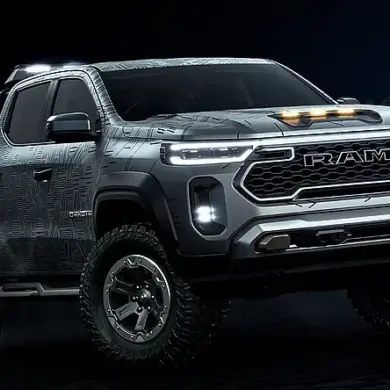 Vorderansicht des 2026 Ram Dakota Nightfall Concept Pick-ups mit Offroad-Ausstattung und LED-Lichtsignatur.