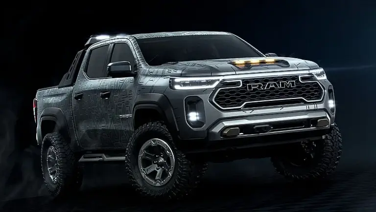 Vorderansicht des 2026 Ram Dakota Nightfall Concept Pick-ups mit Offroad-Ausstattung und LED-Lichtsignatur.