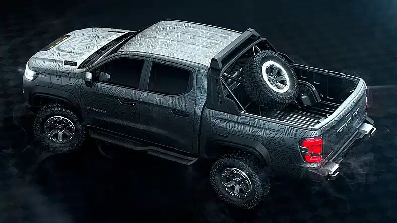 2026 Ram Dakota Nightfall Concept Pick-up mit Höherlegung, Sportbügel und außen angebrachtem Reserverad auf der Ladefläche.