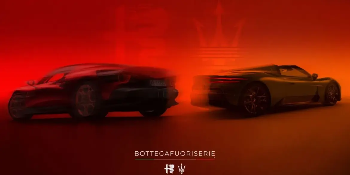Zwei exotische Sportwagen, links ein Alfa Romeo und rechts ein Maserati, im BOTTEGAFUORISERIE Design vor rotem Hintergrund.