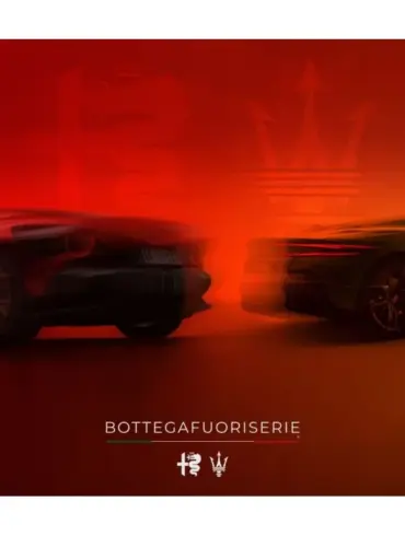 Zwei exotische Sportwagen, links ein Alfa Romeo und rechts ein Maserati, im BOTTEGAFUORISERIE Design vor rotem Hintergrund.