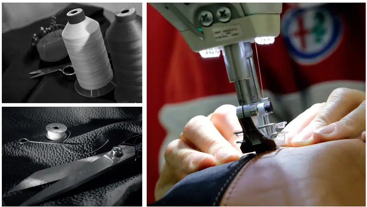 Detailaufnahme von Näharbeiten und Materialien in einer Automobilmanufaktur von BOTTEGAFUORISERIE, mit Faden, Schere, Leder und Nähmaschine.