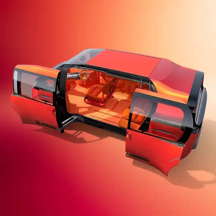 Offene Schmetterlingstüren und moderner Innenraum des Citroën ELO Concept auf farbigem Hintergrund.