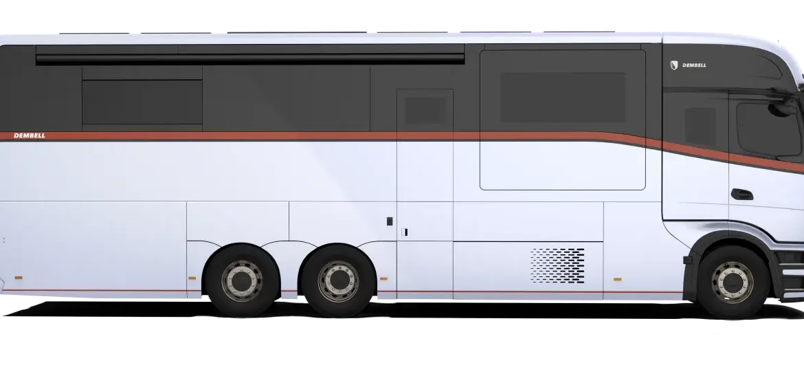 Seitenansicht des Dembell Large Garage Luxus-Reisemobils auf Mercedes-Benz Actros Gigaspace-Chassis.