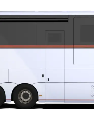 Seitenansicht des Dembell Large Garage Luxus-Reisemobils auf Mercedes-Benz Actros Gigaspace-Chassis.