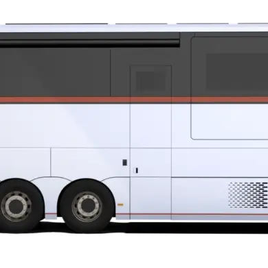 Seitenansicht des Dembell Large Garage Luxus-Reisemobils auf Mercedes-Benz Actros Gigaspace-Chassis.