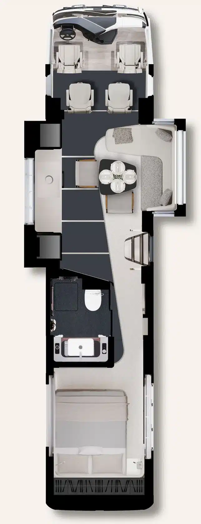 Grundriss des Dembell Large Garage Reisemobils mit Fahrerkabine, Lounge, Küche, Bad und Schlafzimmer.