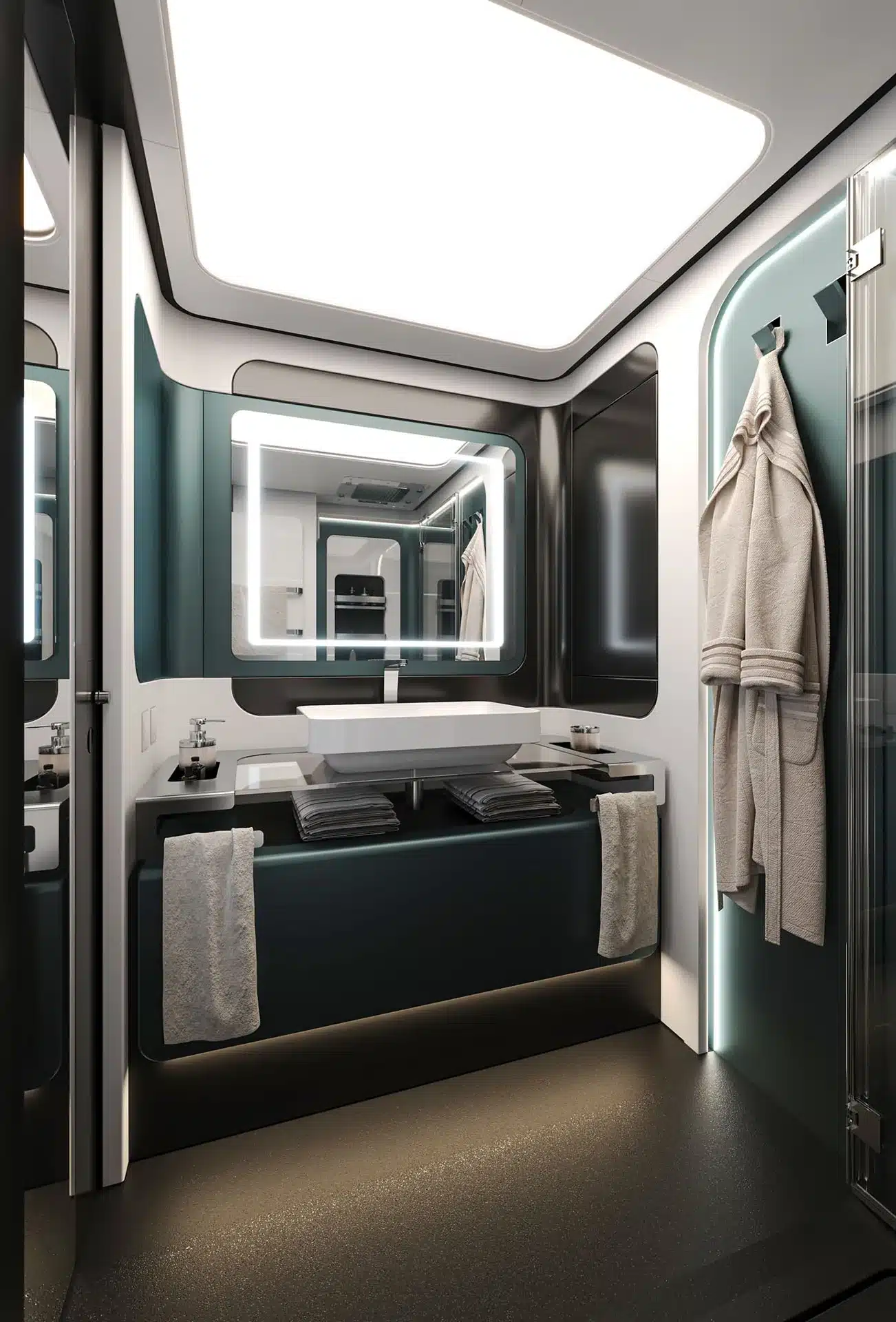 Modernes Badezimmer mit großem Spiegel und Designerausstattung im Dembell Large Garage Reisemobil