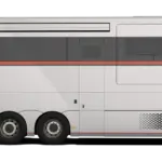 Seitenansicht des Dembell Serenity Luxus-Reisemobils auf Basis des Mercedes-Benz Actros Gigaspace, weiß mit roten Akzenten.