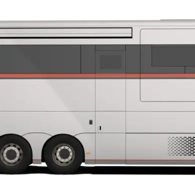 Seitenansicht des Dembell Serenity Luxus-Reisemobils auf Basis des Mercedes-Benz Actros Gigaspace, weiß mit roten Akzenten.