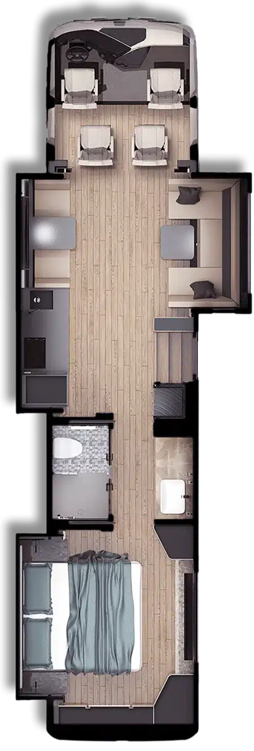 Grundriss des Dembell Serenity Luxus-Wohnmobils mit Schlafzimmer, Wohnzimmer, Küche und Bad.