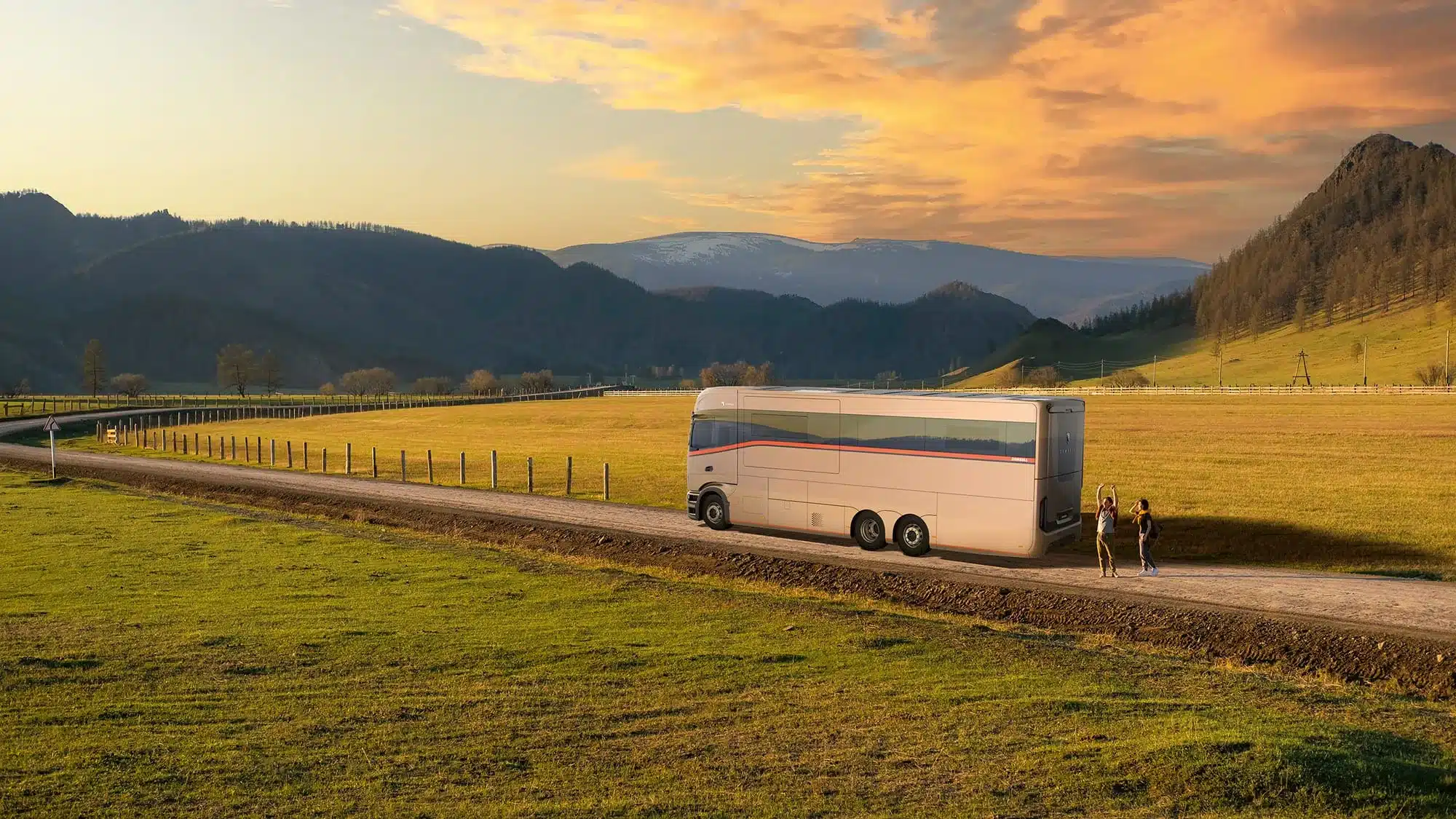 Dembell Smart-Garage Luxus-Wohnmobil auf Actros-Lkw-Fahrgestell in einer malerischen Landschaft.