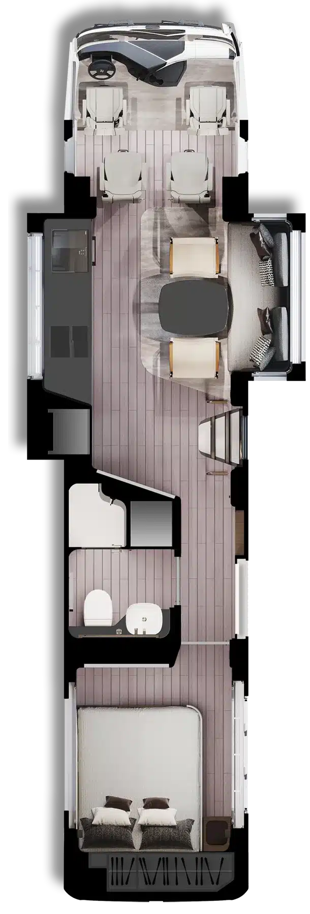 Innenraum-Grundriss des Dembell Smart-Garage Luxusreisemobils von oben