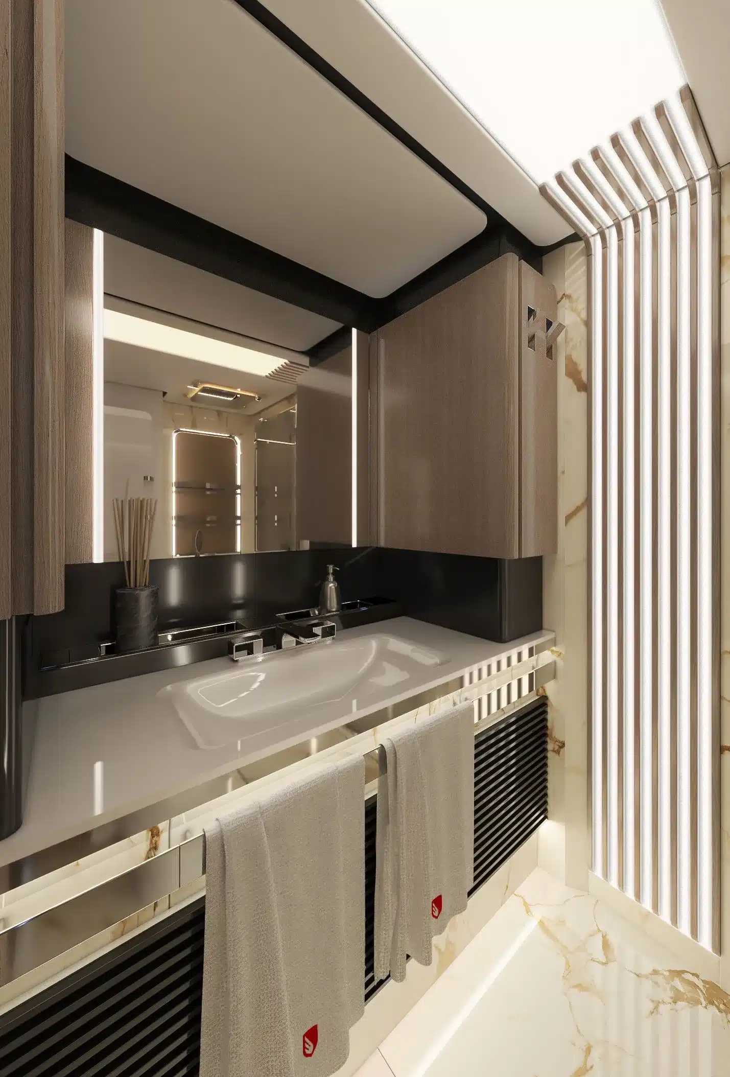 Design-Badezimmer mit Marmor und Holz im Dembell Smart Garage Luxusreisemobil