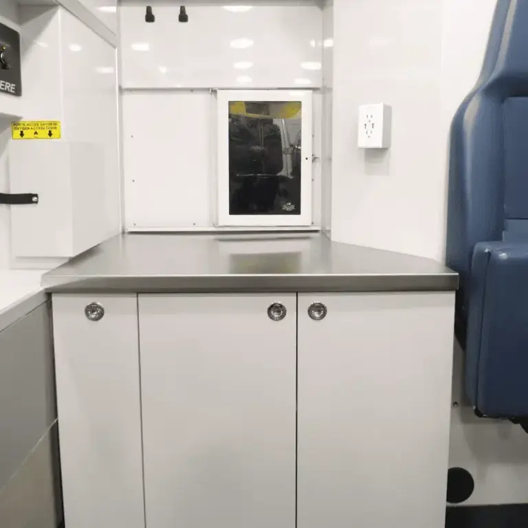 Edelstahl-Arbeitsfläche und maßgefertigte Schränke im Inneren der mobilen Tierarztpraxis auf Mercedes Sprinter Basis