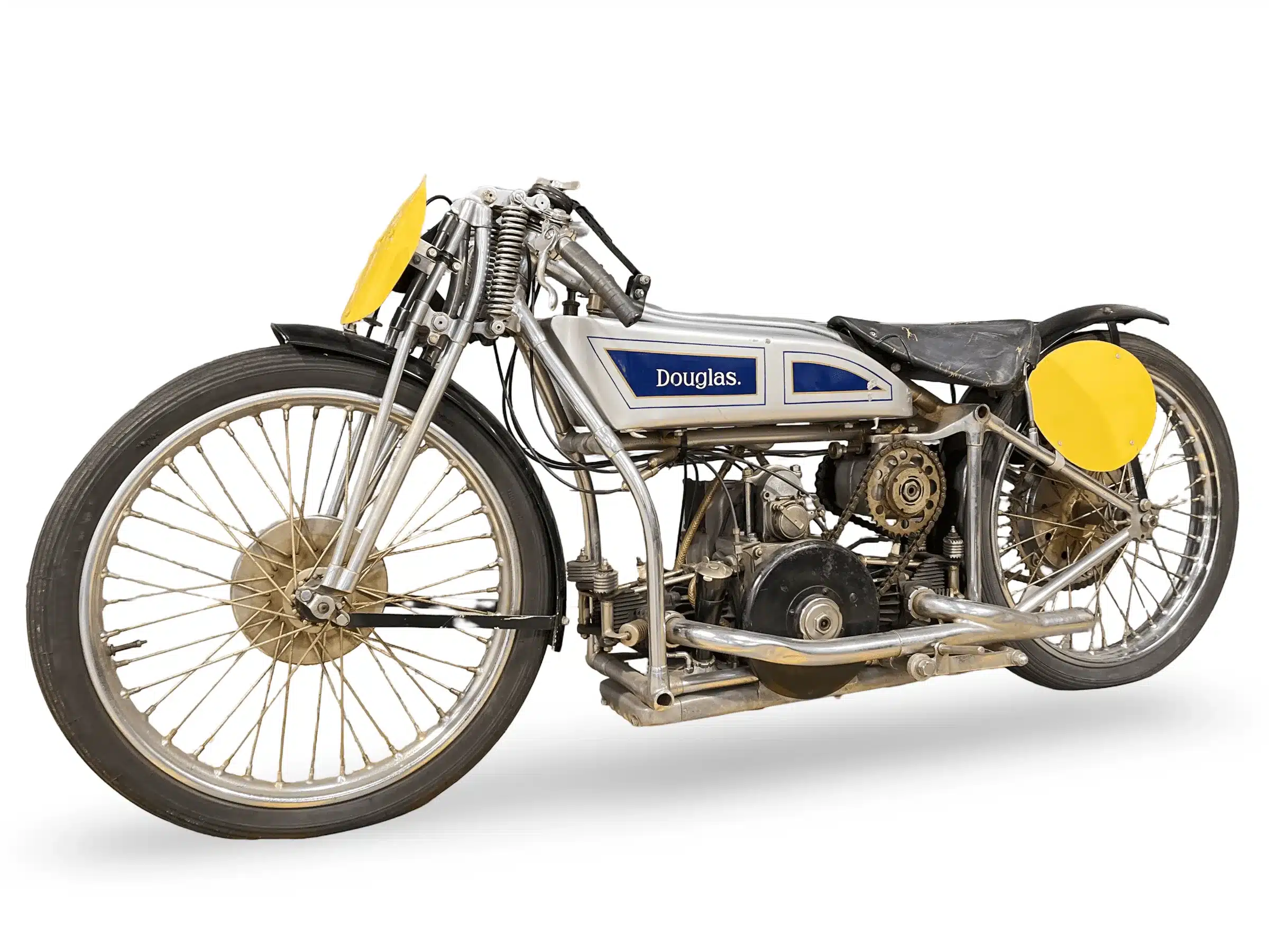 Historisches Motorrad Douglas 750 cm³ Brooklands Special von 1928 im Seitenprofil