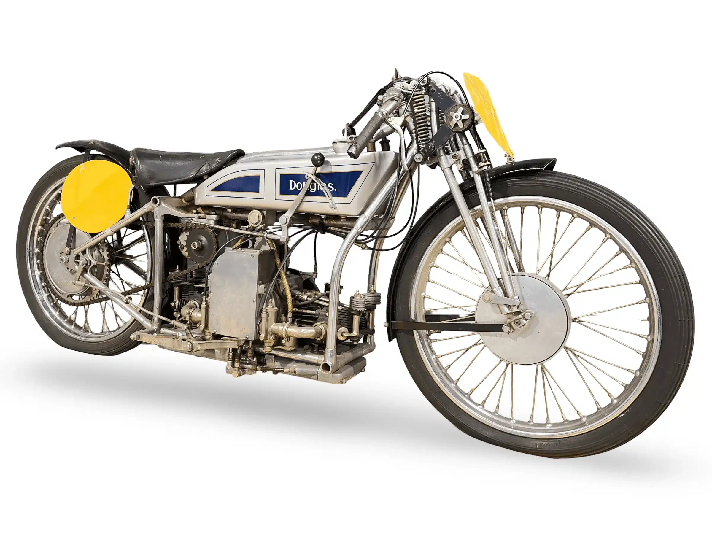 Seitenansicht einer Douglas 750 cm³ Brooklands Special von 1928 mit charakteristischem Boxermotor und Rennoptik