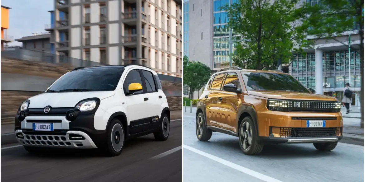 Fiat Pandina in Weiß und Fiat Grande Panda in Gold, beide Fahrzeuge fahren durch die Stadt, Modelljahr 2026.