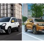 Fiat Pandina in Weiß und Fiat Grande Panda in Gold, beide Fahrzeuge fahren durch die Stadt, Modelljahr 2026.