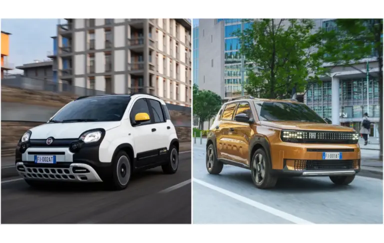 Fiat Pandina in Weiß und Fiat Grande Panda in Gold, beide Fahrzeuge fahren durch die Stadt, Modelljahr 2026.