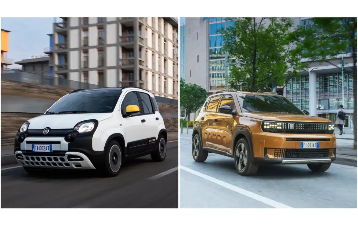 Fiat Pandina in Weiß und Fiat Grande Panda in Gold, beide Fahrzeuge fahren durch die Stadt, Modelljahr 2026.