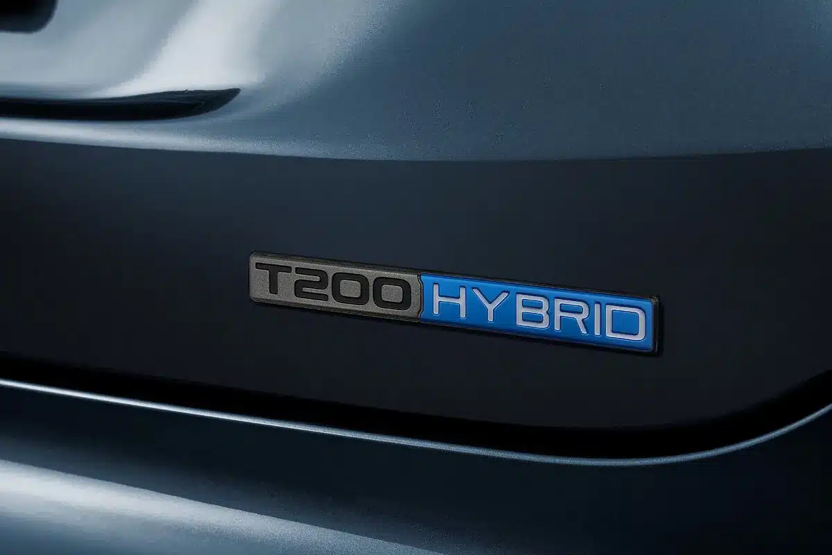Nahaufnahme des T200 Hybrid-Emblems an einem FIAT-Fahrzeug.