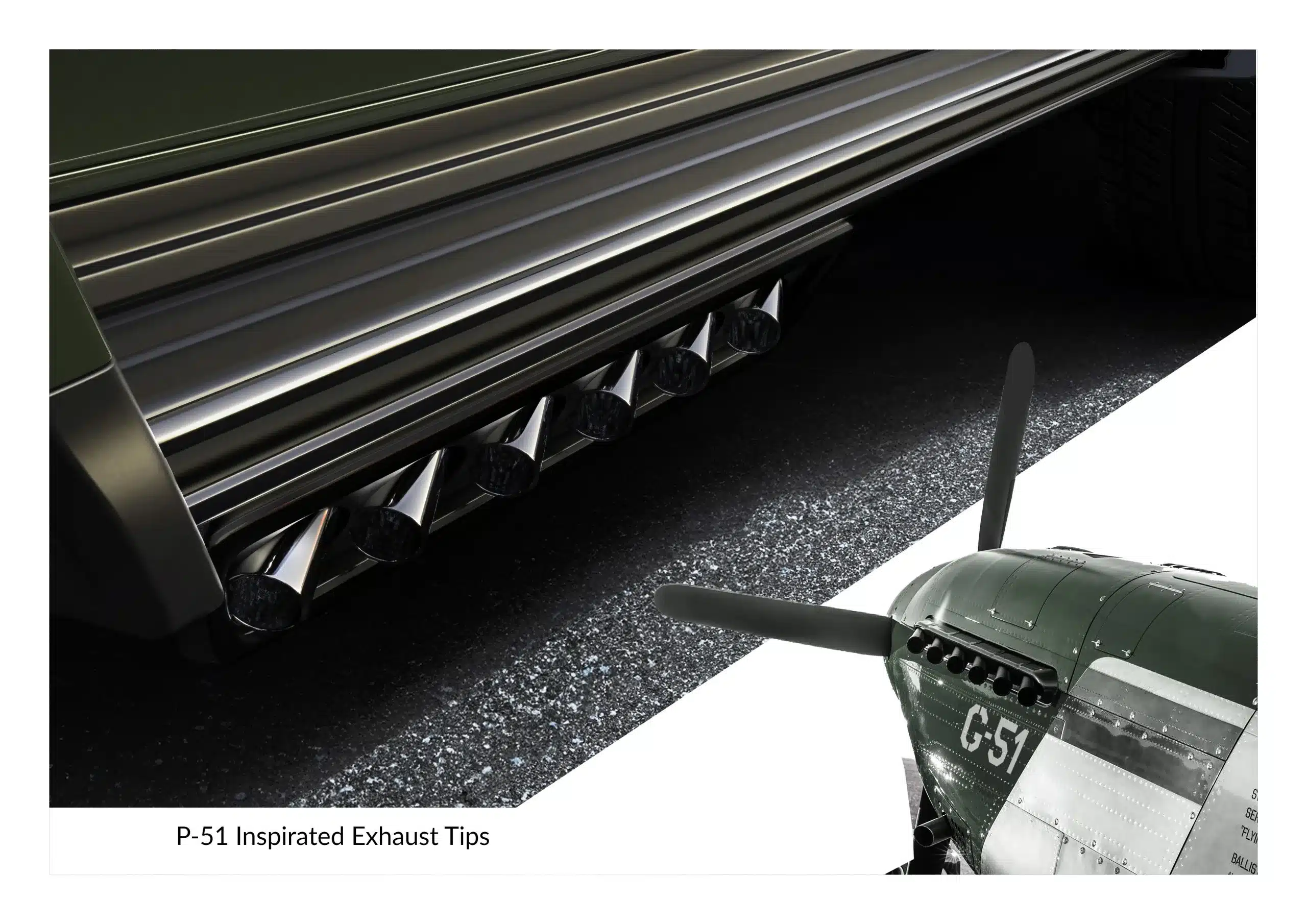 Detailansicht der vom Flugzeug P-51 Mustang inspirierten Auspuffblenden am Mercedes G-Klasse G51, kombiniert mit dem Originalflugzeug