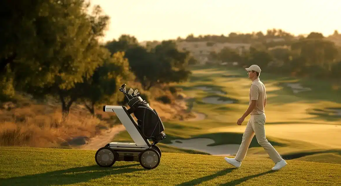 MobED Roboter-Plattform von Hyundai transportiert autonom eine Golftasche über einen Golfplatz, neben einer Person.