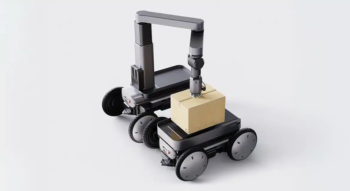 Hyundai MobED autonome Mobilitätsplattform mit Roboterarm transportiert Paket auf vier Rädern