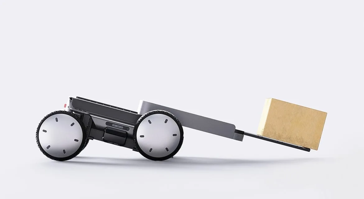 Autonome Mobilitätsplattform Hyundai MobED mit Kiste auf geneigtem Untergrund