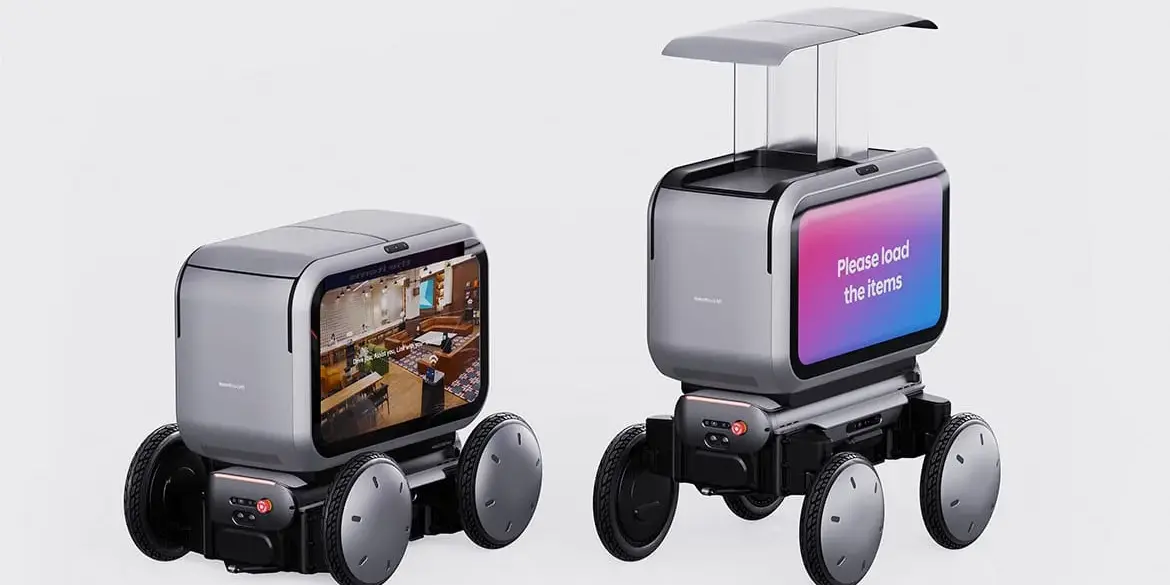 Zwei Hyundai MobED Roboterplattformen mit vier einzeln aufgehängten Rädern und modularen Aufbauten, geeignet für Logistik und urbane Mobilität.