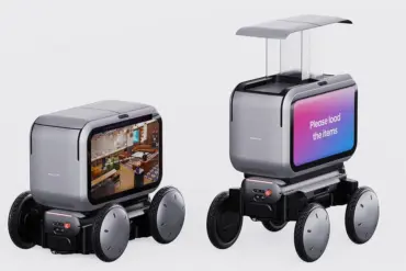 Zwei Hyundai MobED Roboterplattformen mit vier einzeln aufgehängten Rädern und modularen Aufbauten, geeignet für Logistik und urbane Mobilität.