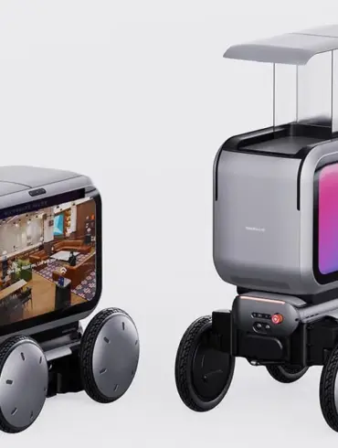 Zwei Hyundai MobED Roboterplattformen mit vier einzeln aufgehängten Rädern und modularen Aufbauten, geeignet für Logistik und urbane Mobilität.