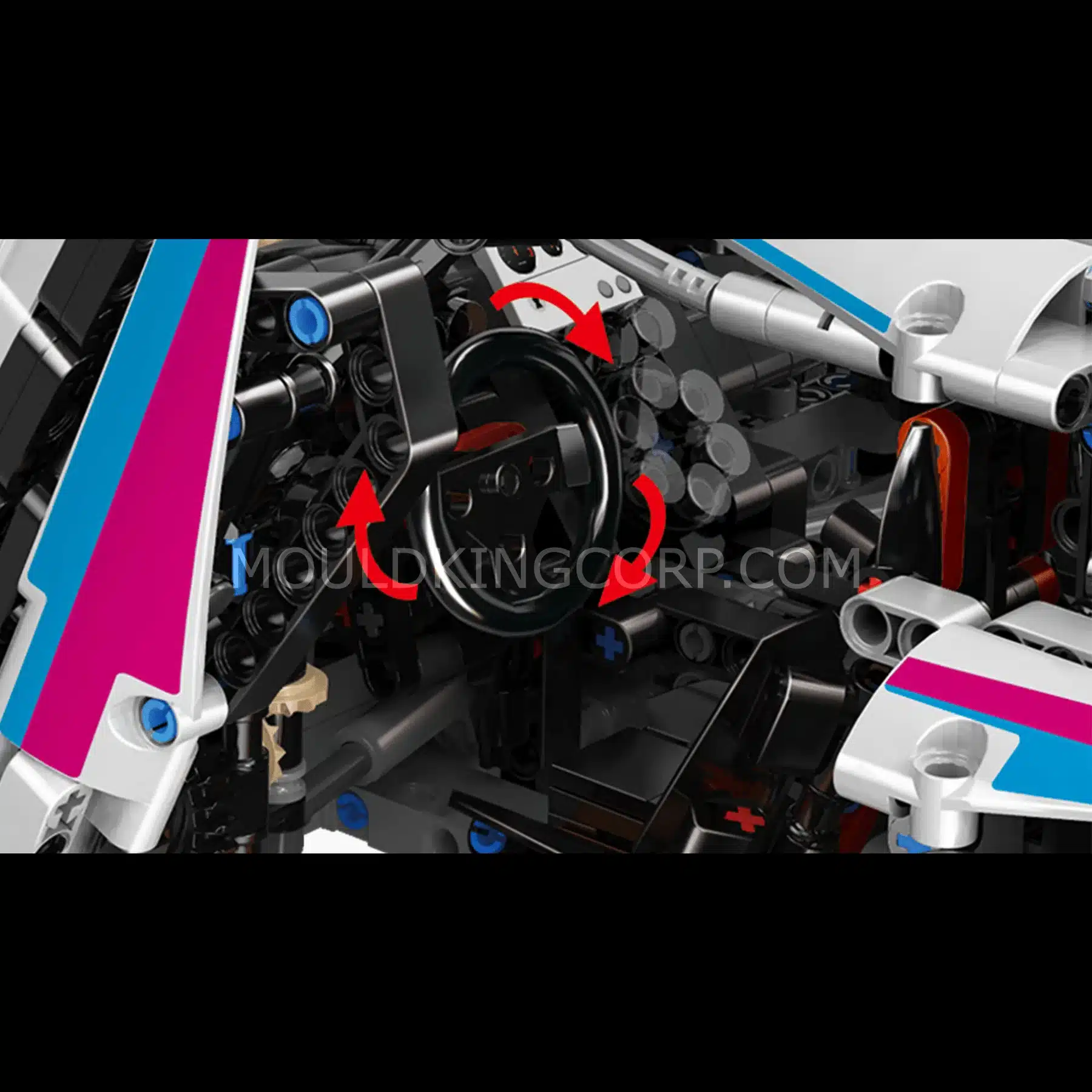 Cockpit des Mould King 13120S Regera Hypercar Modellbausatzes mit lenkbarem Lenkrad und sichtbaren Technikdetails