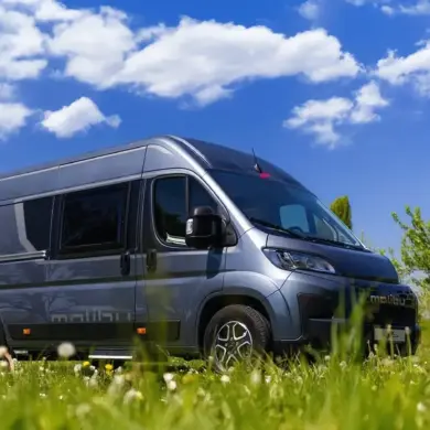 Malibu relax 640 LE R Kastenwagen auf einer grünen Wiese vor blauem Himmel.