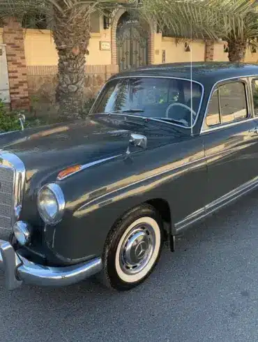 Mercedes-Benz 220 S Ponton Limousine, dunkelgrau, Baujahr 1950er, geparkt an einer Straße unter Palmen.