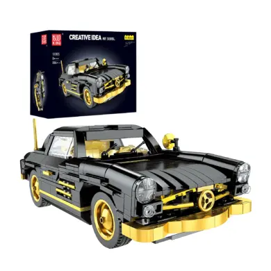 Klemmbaustein-Auto Mould King 10005 300SL Classic Gullwing in Schwarz mit goldenen Details und Verpackung