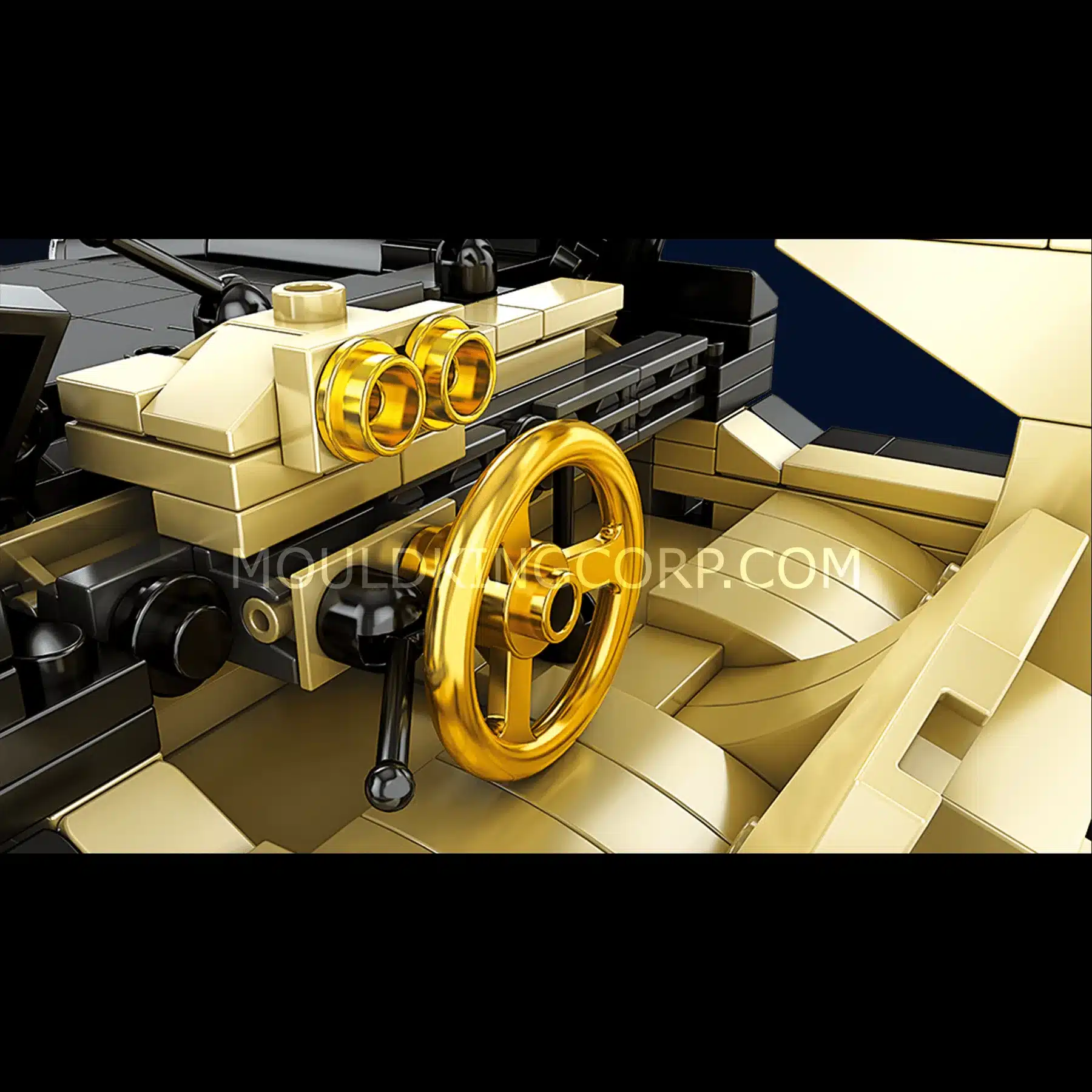 Goldenes Lenkrad und Armaturenbrett aus Klemmbausteinen im Mould King 10005 300SL Classic Gullwing Modell