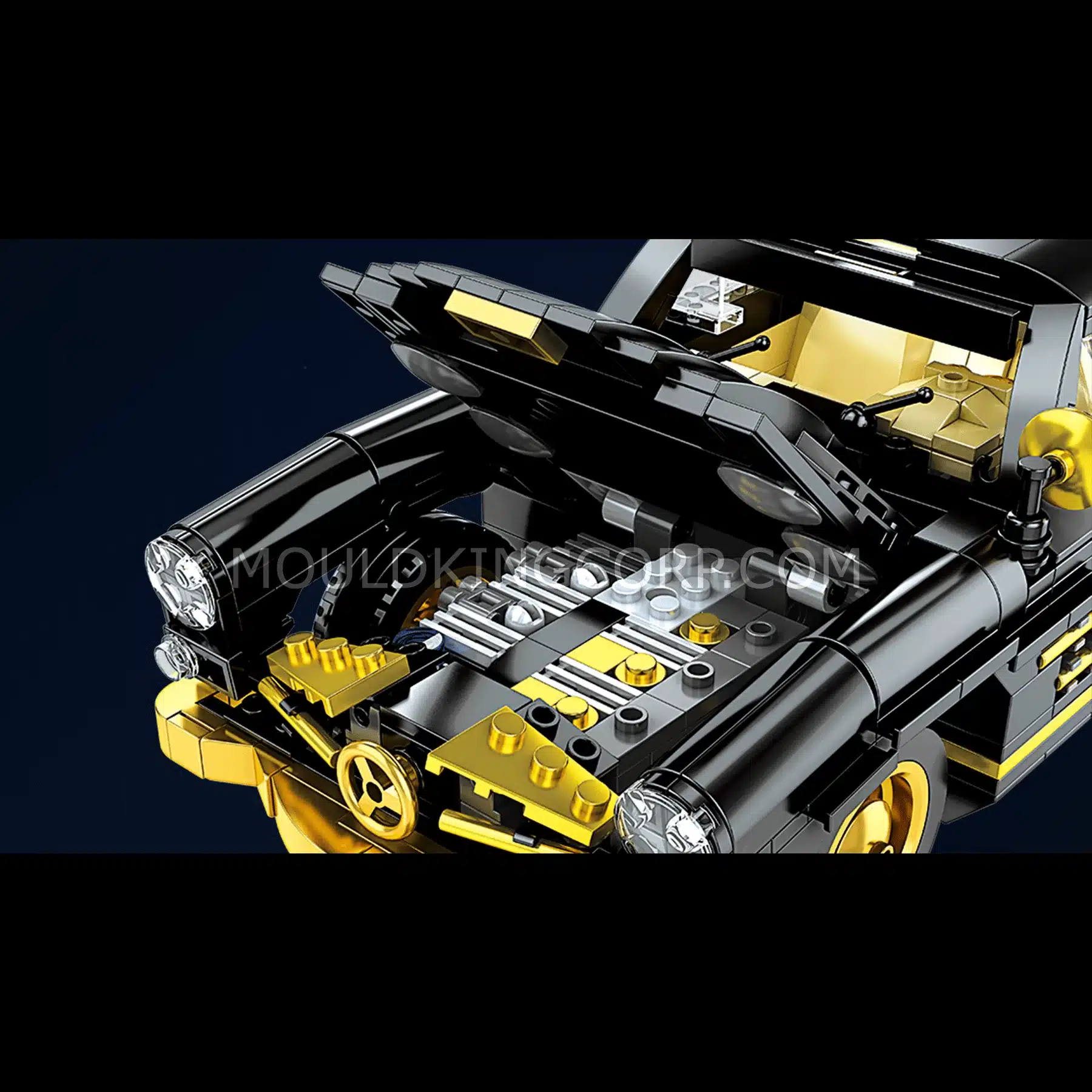 Klemmbausteinmodell eines klassischen 300SL-Flügeltürers von Mould King mit geöffneter Motorhaube und goldfarbenen Details