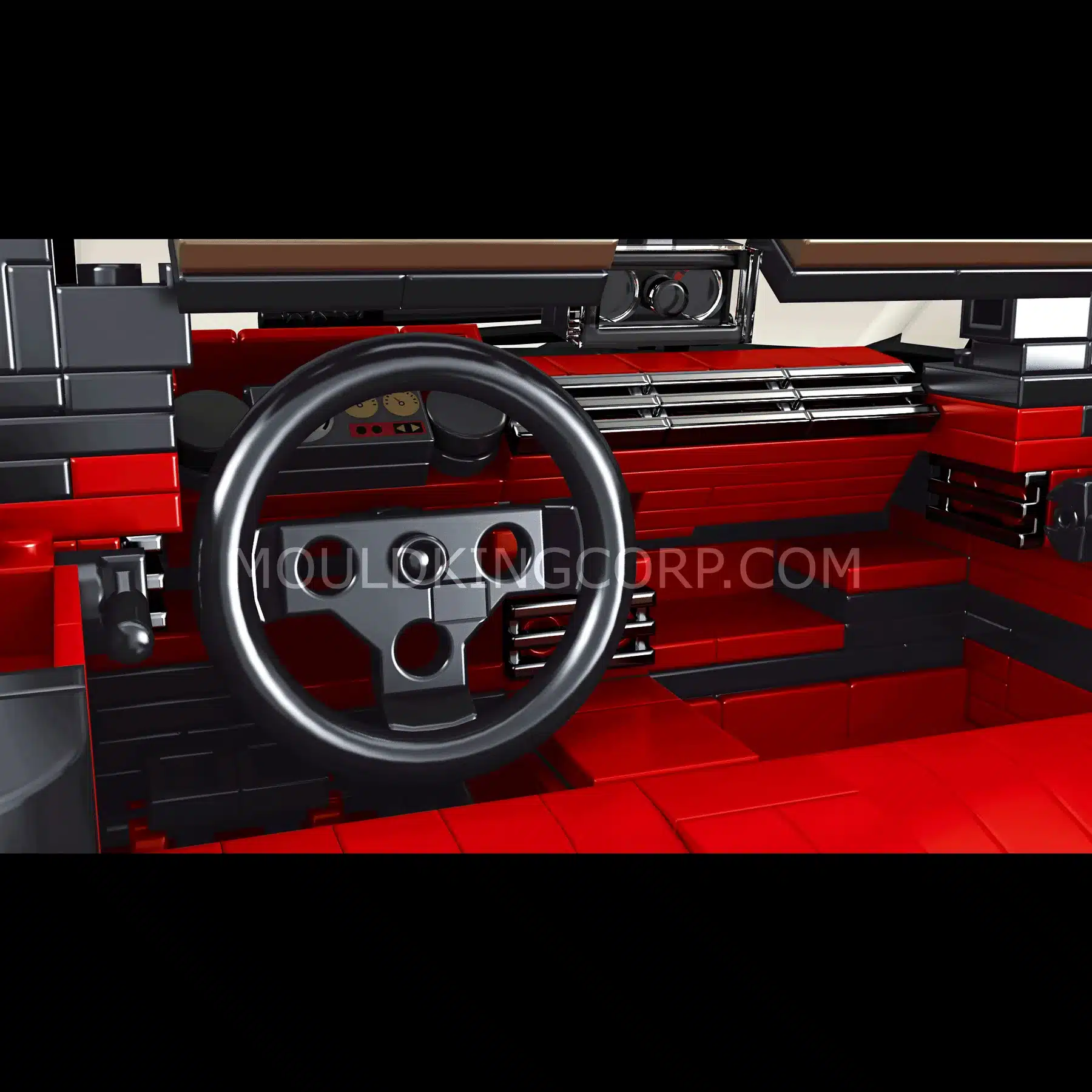 Lenkrad und Armaturenbrett des Mould King 10012 Cadi-Elrado Modells aus Klemmbausteinen