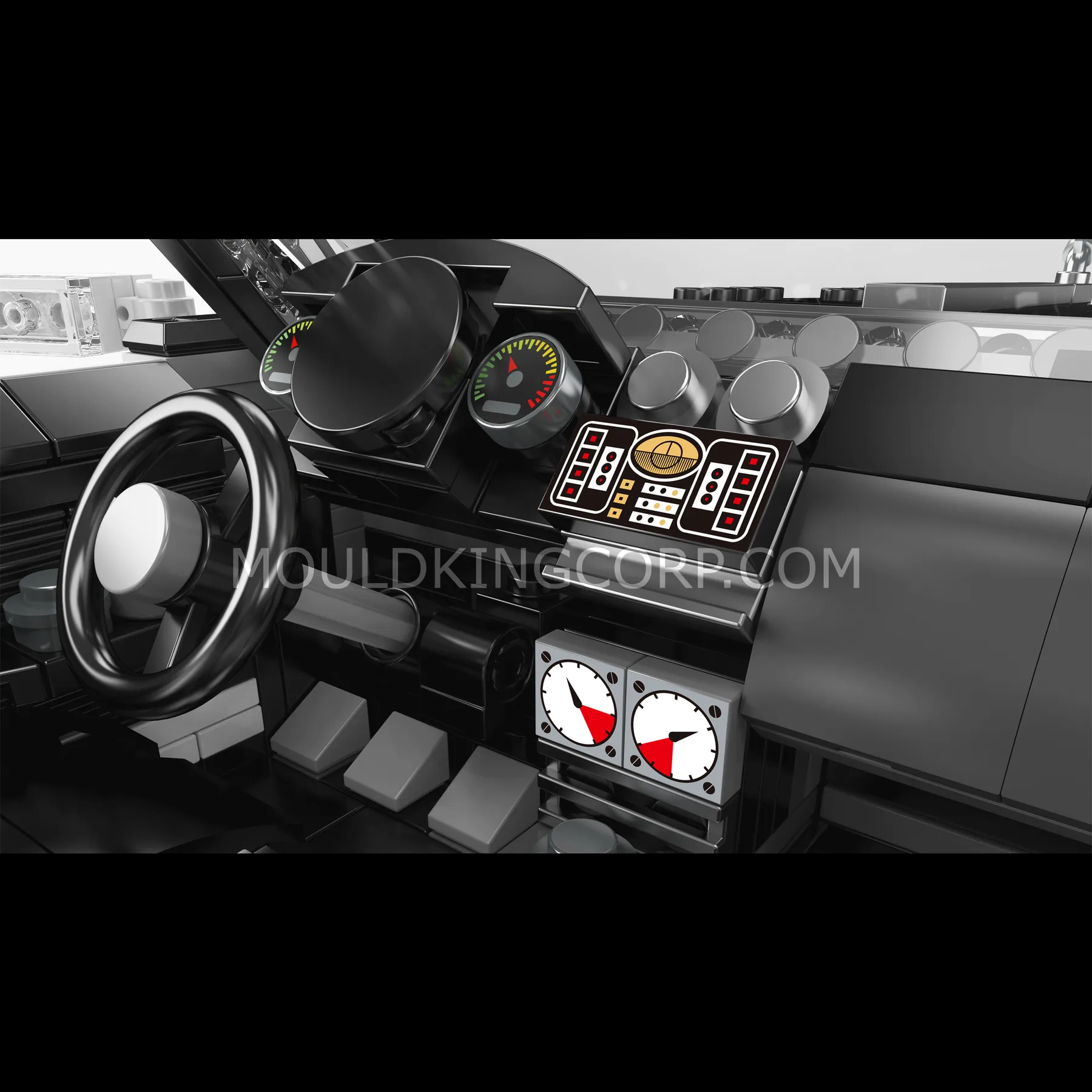 Lenkrad und Armaturenbrett des Mould King 10031 Wraith Luxury British Droptop aus Klemmbausteinen