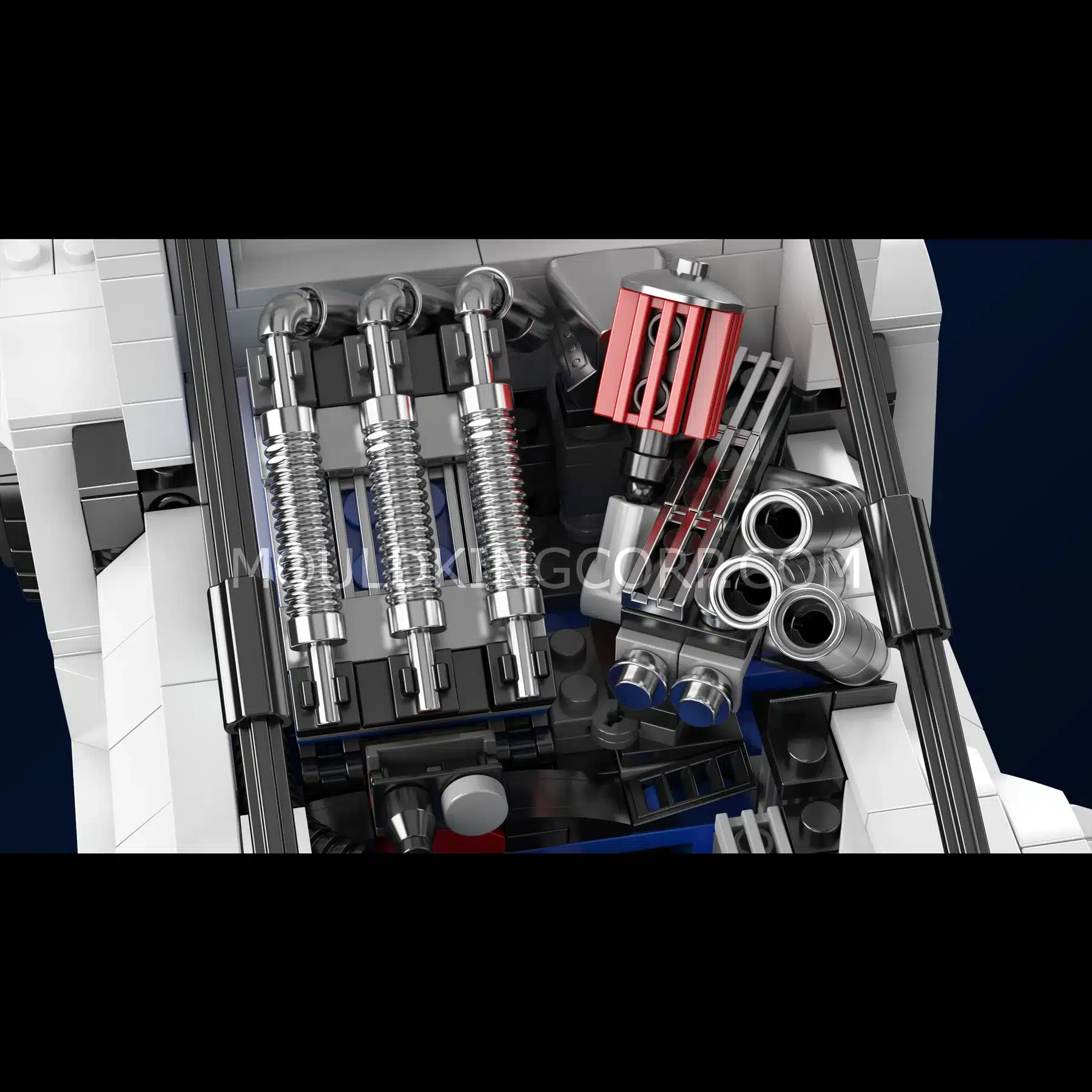 Nahaufnahme des freiliegenden Motors und Luftfilters am Mould King 10036 Racing Truck Klemmbausteinmodell