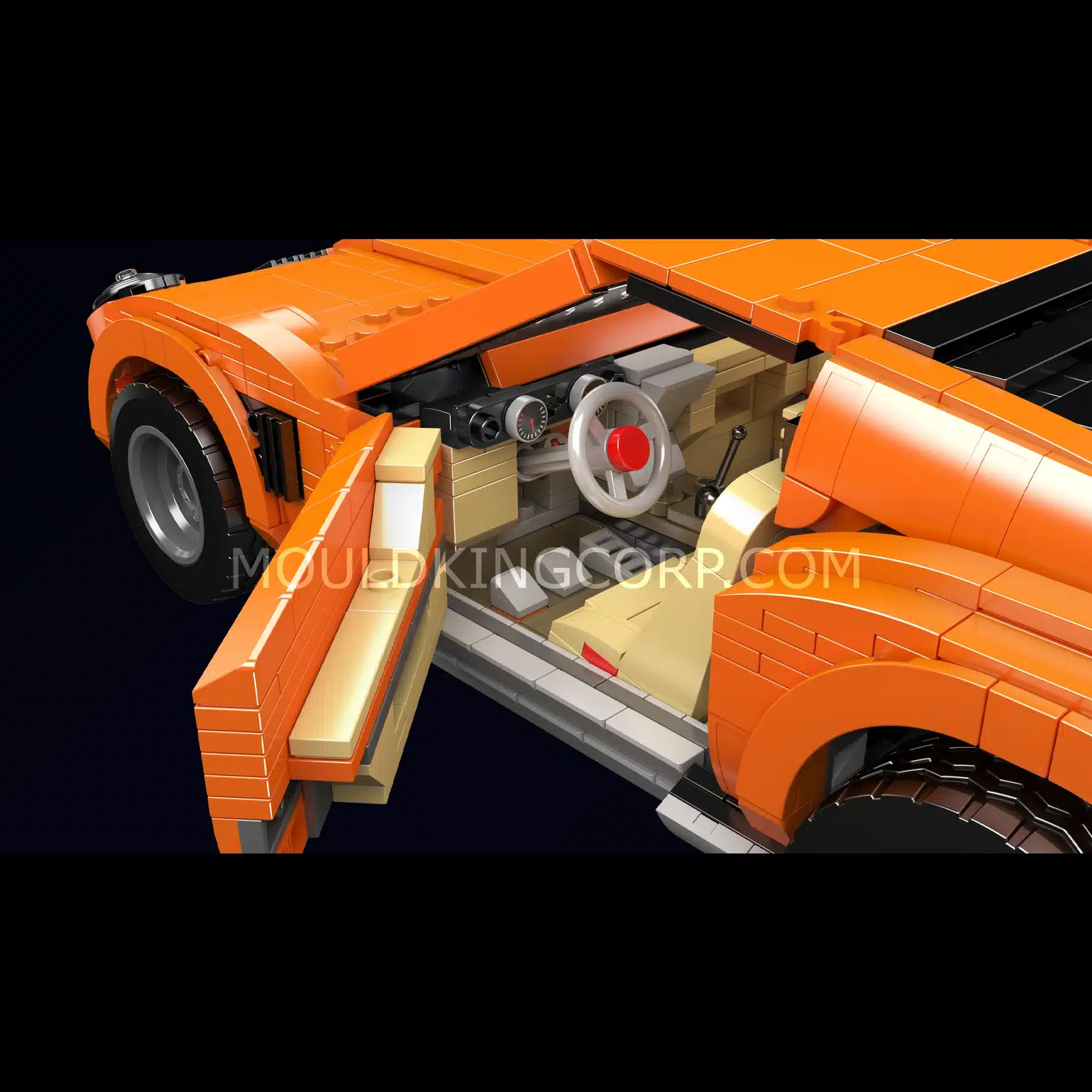 Detaillierter Innenraum und geöffnete Tür des Mould King 10116 Lamb Miura Klemmbaustein-Automodells in Orange