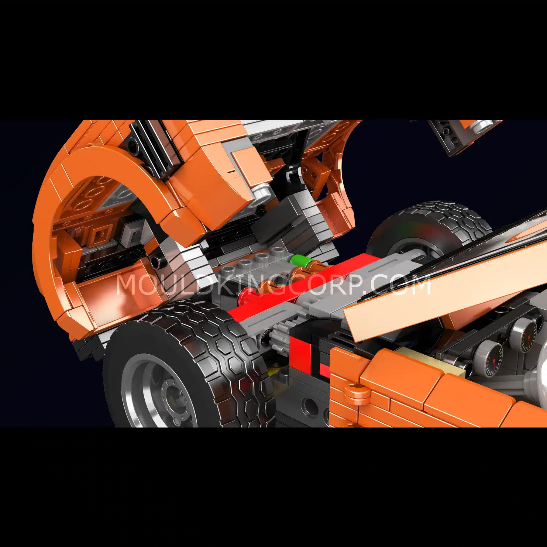 Detailfoto des Klemmbausteinmodells Mould King 10116 Lamb Miura mit geöffneter Motorhaube und erkennbaren Technikkomponenten