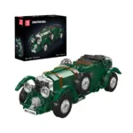 Aufgebautes Mould King 10166 Classic Blower Klemmbaustein-Automodell in British Racing Green mit Produktverpackung.